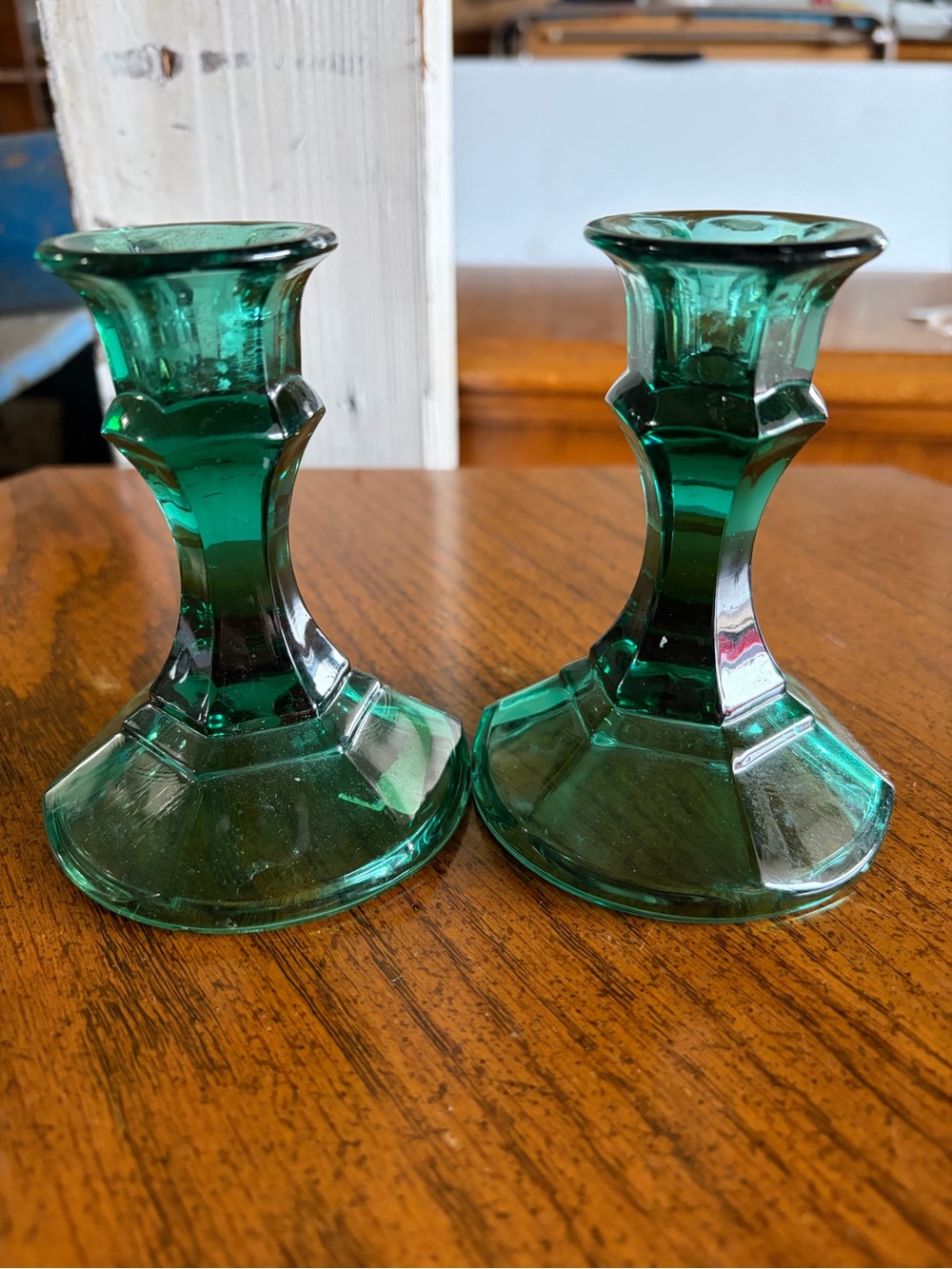 Pair of Indiana Green Glass Candle Holders
